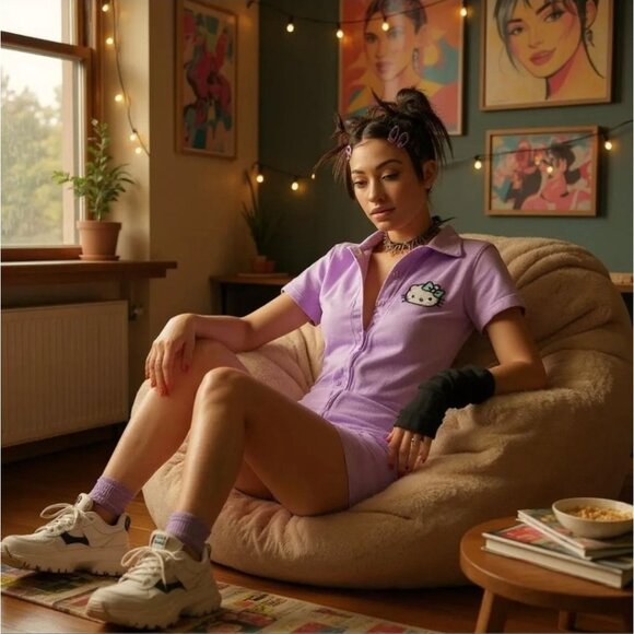 Sanrio ✦ Hello Kitty Lavender Romper ✦ Button-Up Cotton Softcore Alt-Glam NWOT S - Picture 5 of 7